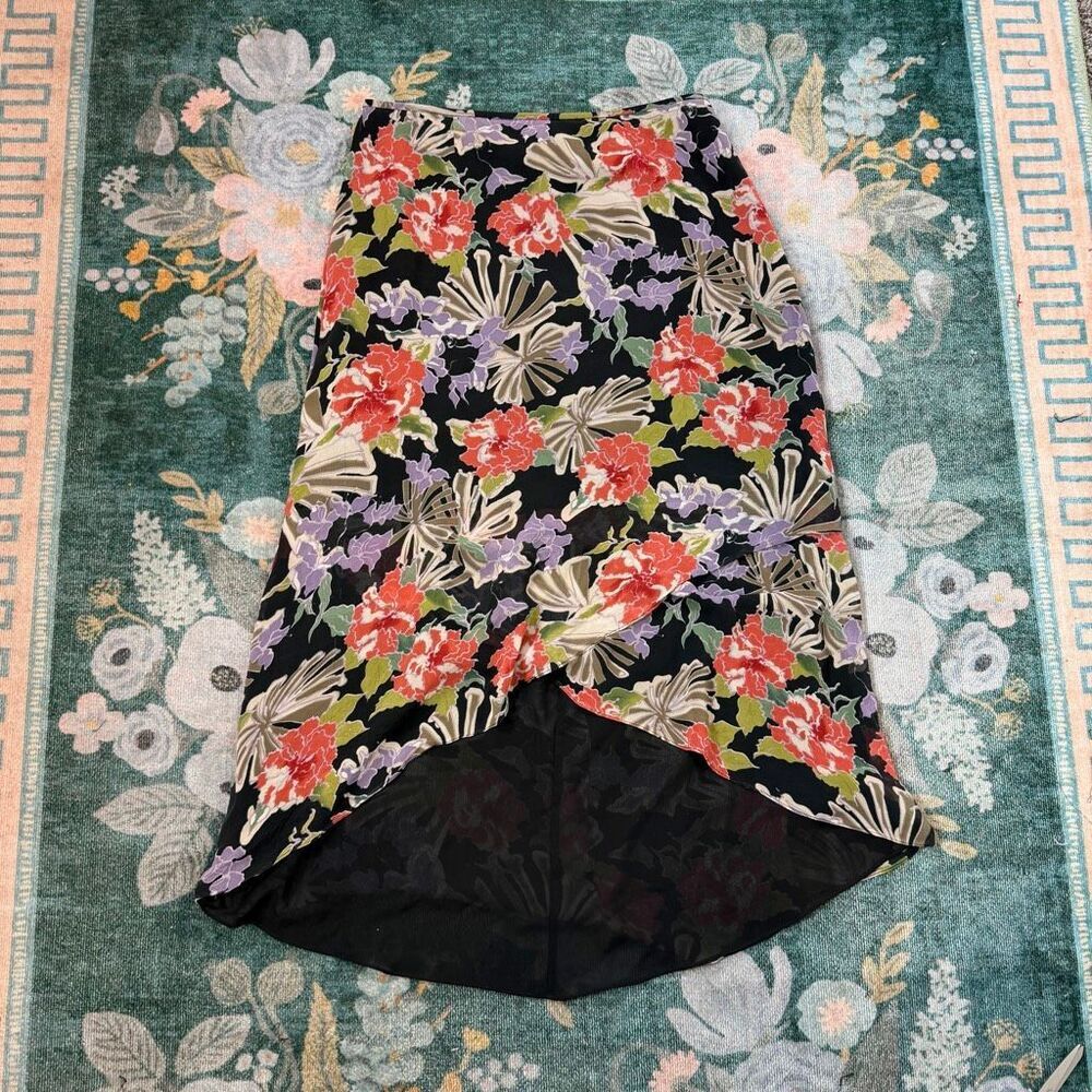 Silk Midi Skirt Vintage Adrianna Papell Size 12 Floral Print High Low Black Red - Picture 8 of 16
